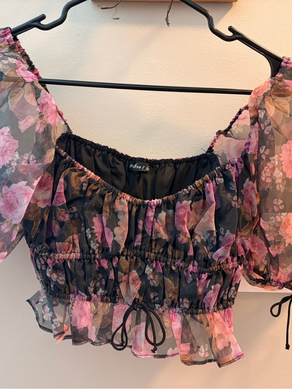 For Love & Lemons Floral Sheer Peasant Crop Top - Pink/Black